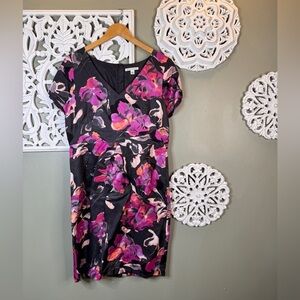 Banana Republic Watercolor Floral Sheath Dress 14 Linen Rayon Black Purple Zip